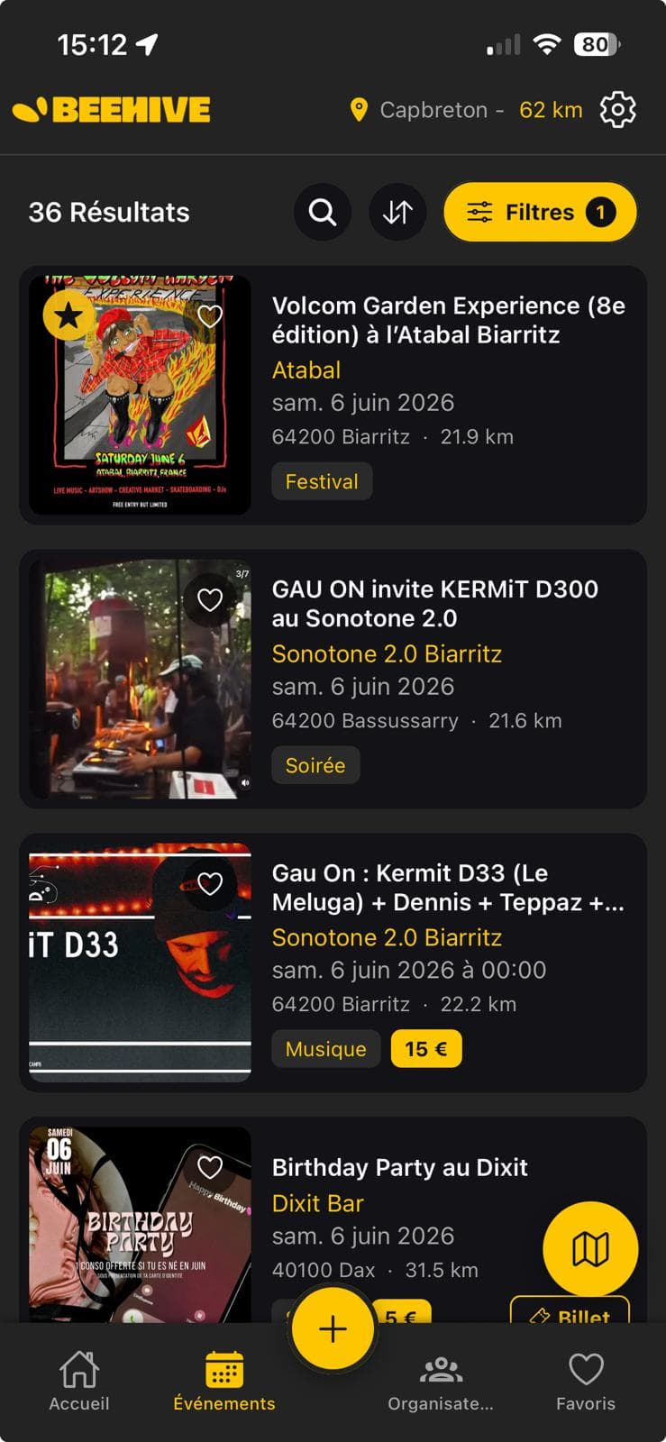 Event list in the BeeHive app